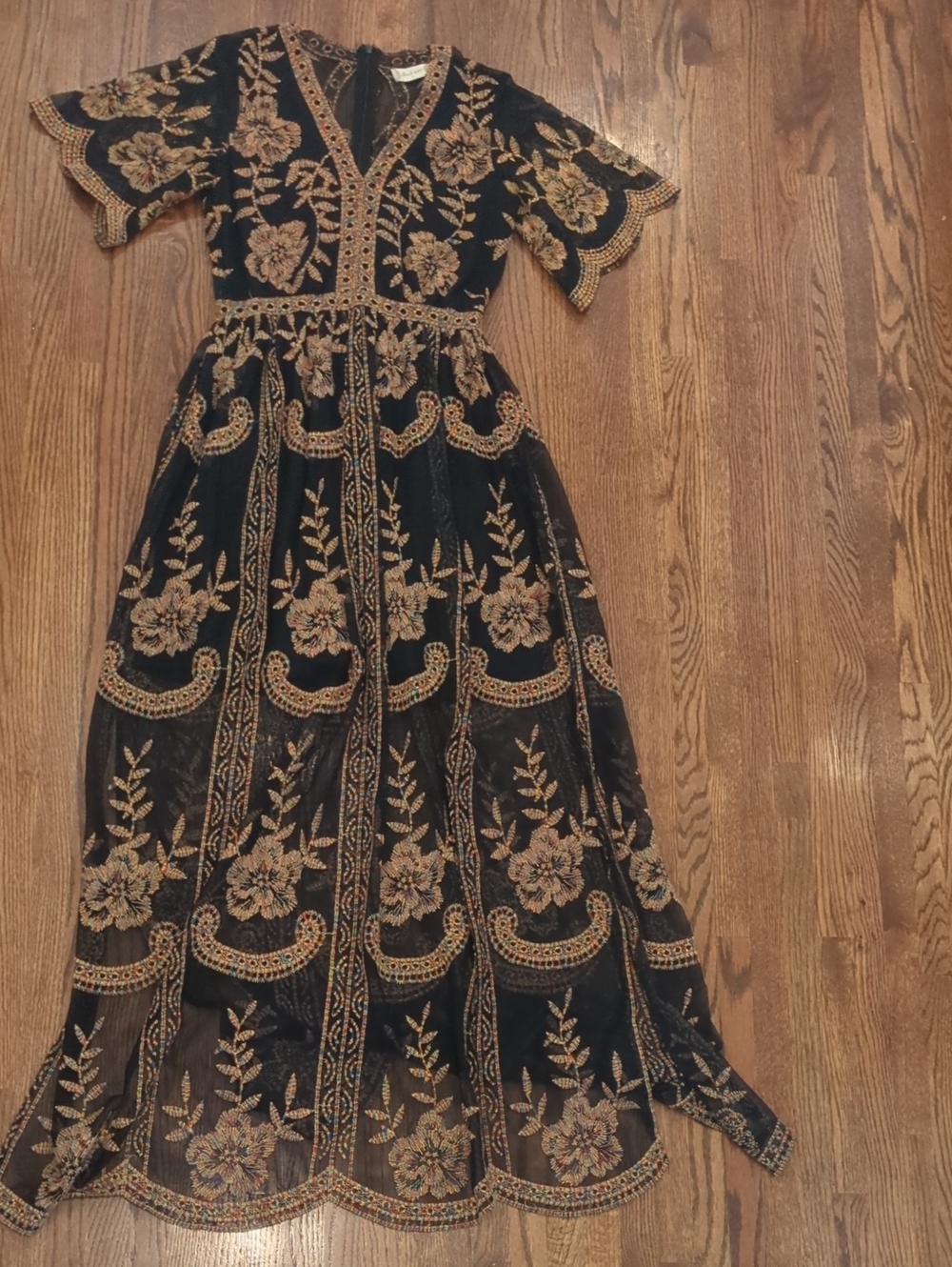 Embroidered Black & Gold Floral V-Neck Maxi Dress